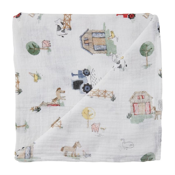 Muslin Farm Swaddle with Tractor Rattle
